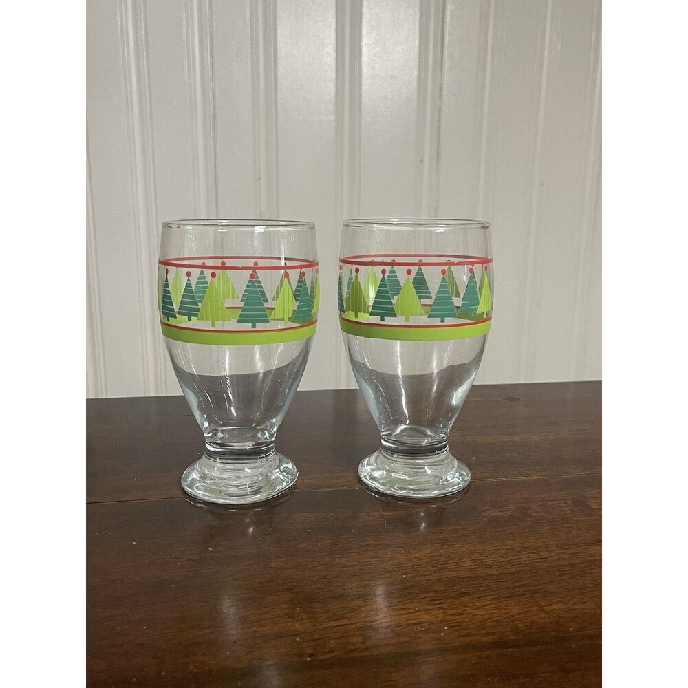 Libbey Glass Pair Of Vintage Footed Christmas Tree Pattern Drinking Glasses